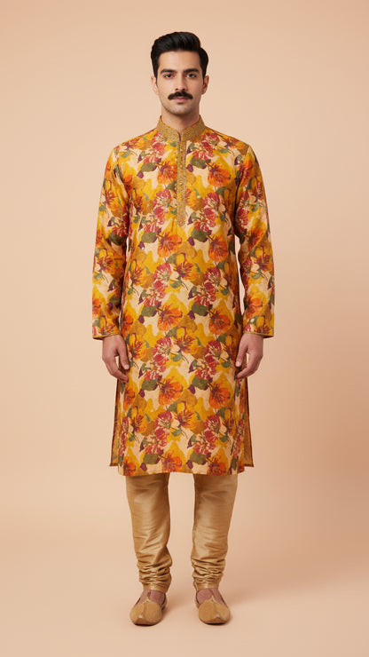 Yellow Floral Printed Kurta Set for Men | Dresswala NX