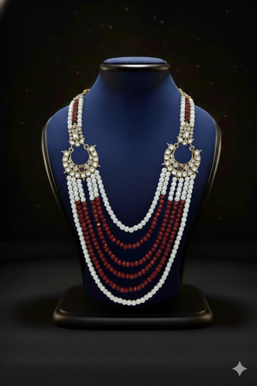 Pearl & Maroon Layered Mala with Kundan Crescent Motifs | Dresswala NX