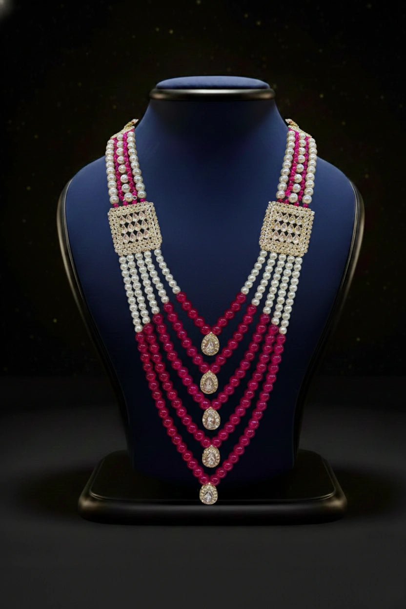 Pink Ruby Bead & Pearl Layered Mala with Kundan Squares | Dresswala NX