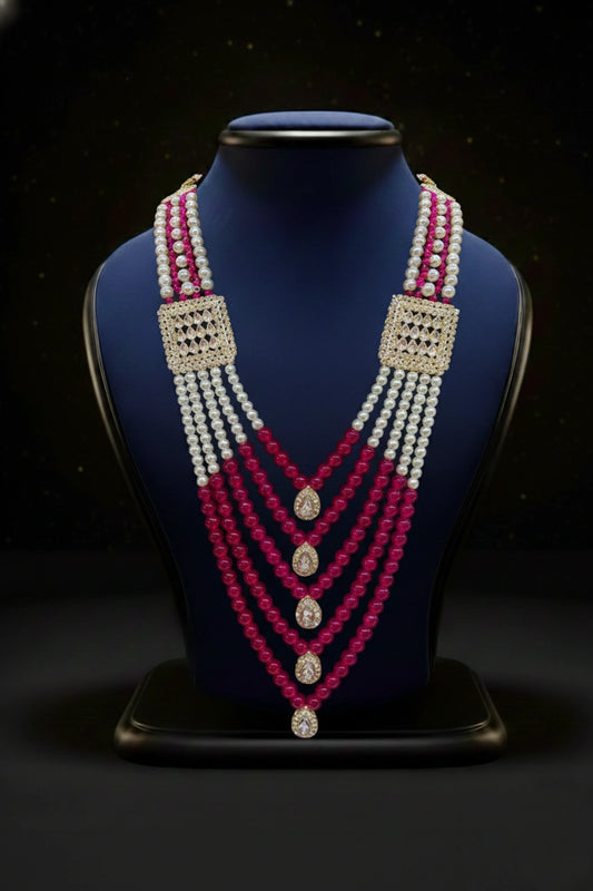 Pink Ruby Bead & Pearl Layered Mala with Kundan Squares | Dresswala NX