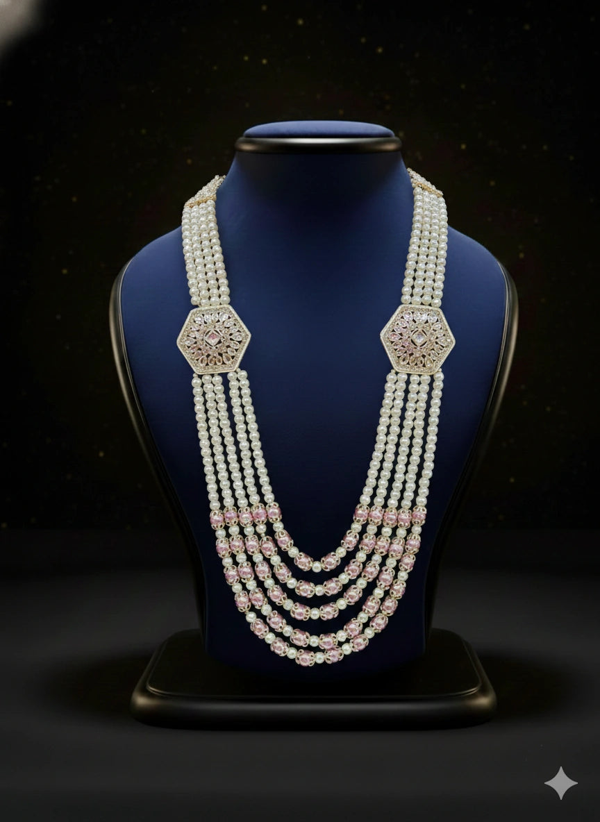 Pearl & Pink Crystal Layered Mala with Hexagon Kundan Motifs | Dresswala NX