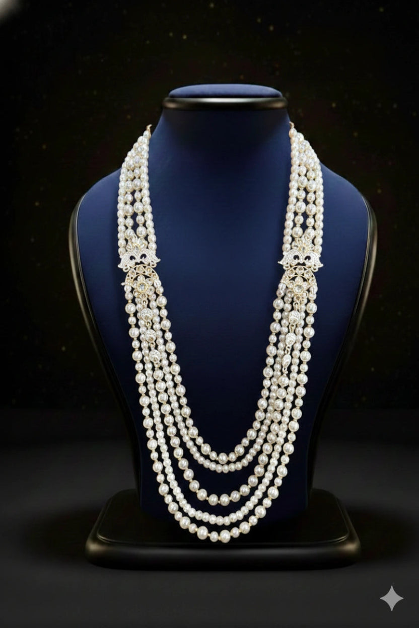 Pearl & Crystal Layered Mala with Floral Kundan Links | Dresswala NX