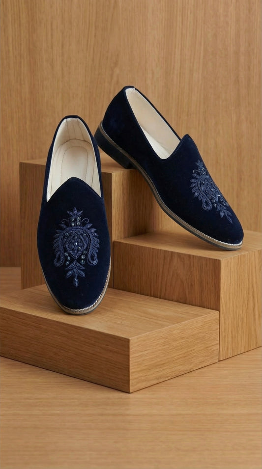 Nocturne Crest Navy Velvet Mojdi for Men | Luxury Mojdi by Dresswala NX
