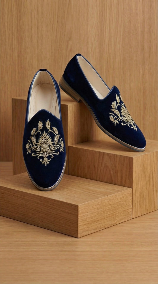 Royal Laurel Navy Velvet Mojdi for Men | Designer Mojdi by Dresswala NX