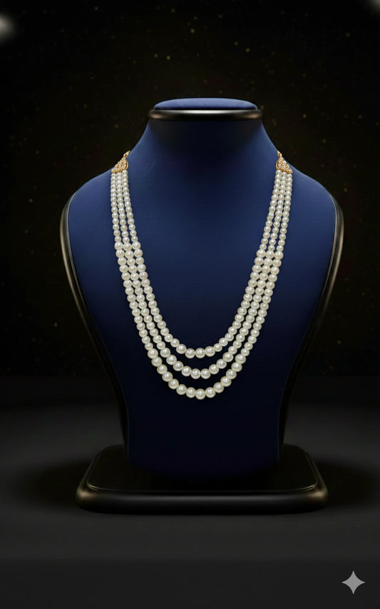 Classic 3-Line Pearl Mala Necklace (Minimal Royal) | Dresswala NX