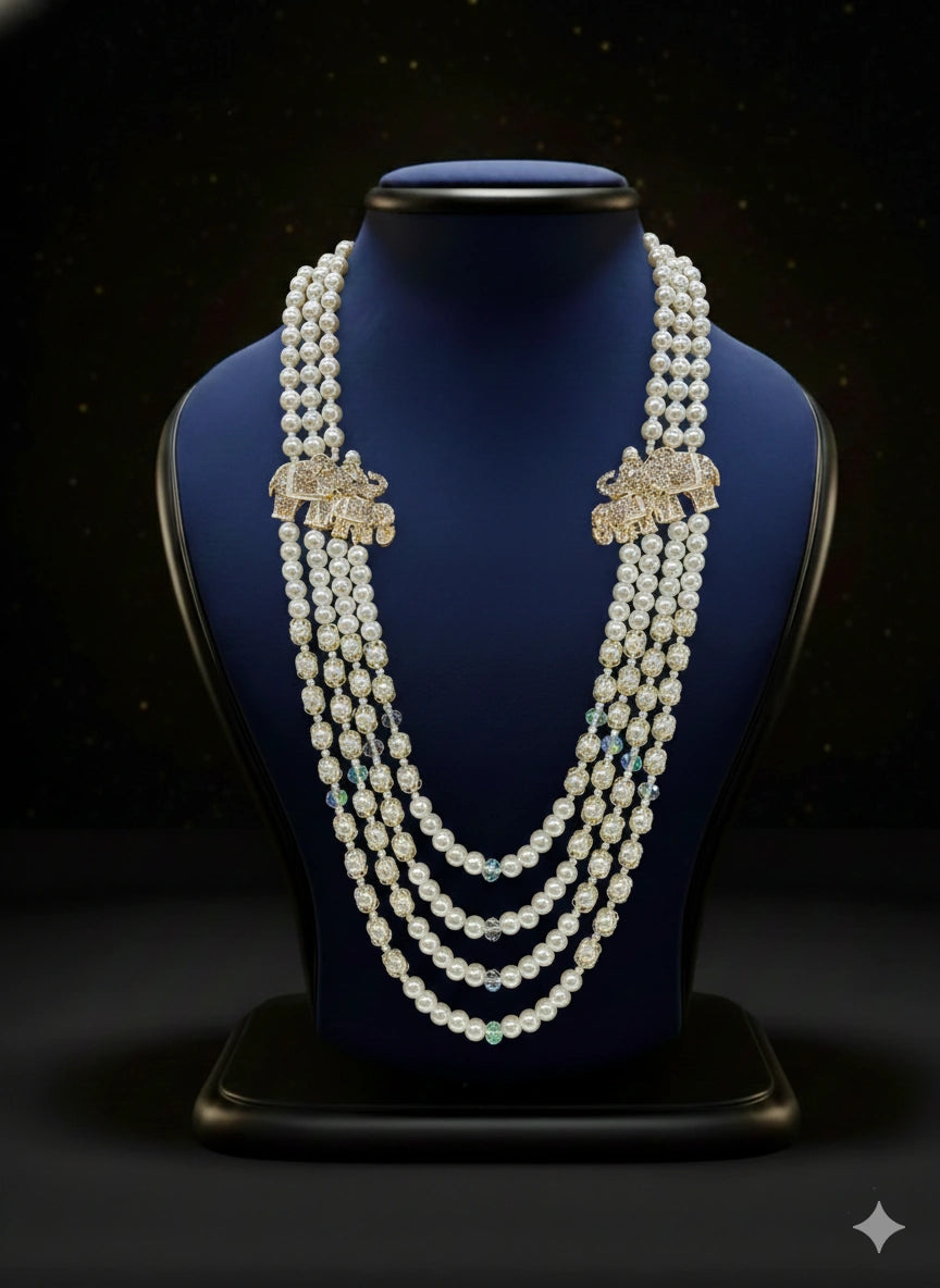 Pearl & Crystal Layered Mala with Elephant Motifs | Dresswala NX