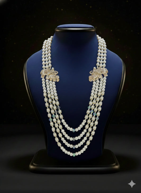 Pearl & Crystal Layered Mala with Elephant Motifs | Dresswala NX