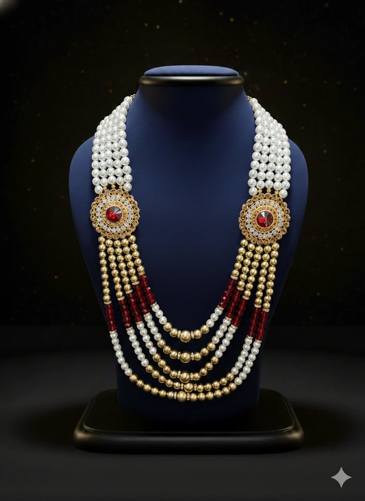 Royal Pearl & Ruby Layered Mala Necklace (Kundan Look) | Dresswala NX