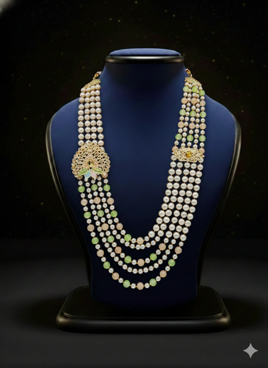 Pearl & Green Bead Layered Mala with Peacock Motif | Dresswala NX