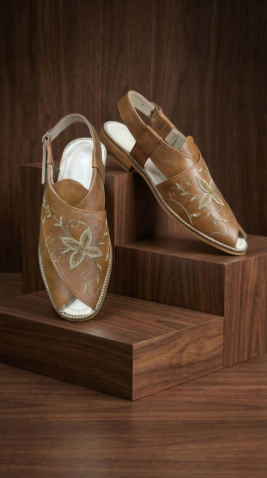 Tan Floravine Kolhapuri for Men | Embroidered Kolhapuri by Dresswala NX