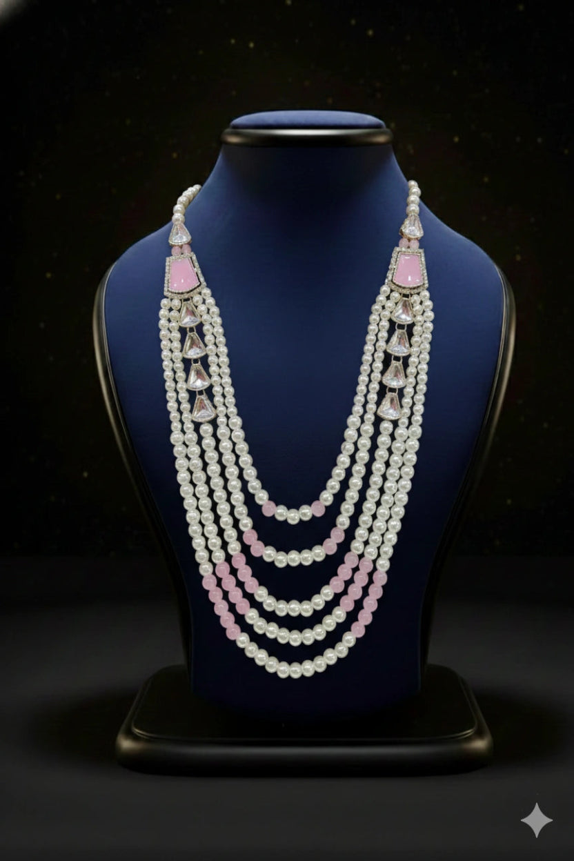 Pearl & Pink Stone Layered Mala Necklace (Kundan Accents) | Dresswala NX