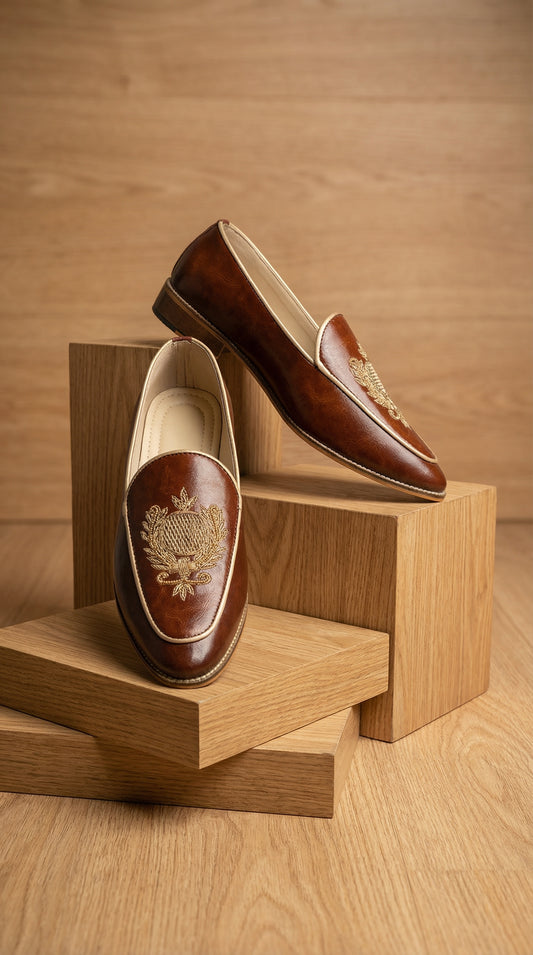 Dresswala NX Heritage Crest Mojdi | Brown Embroidered Ethnic Shoes