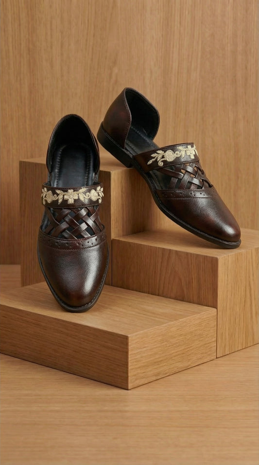 Weavecrest Leather Mojdi for Men | Brown Embroidered Festive Footwear – Dresswala NX