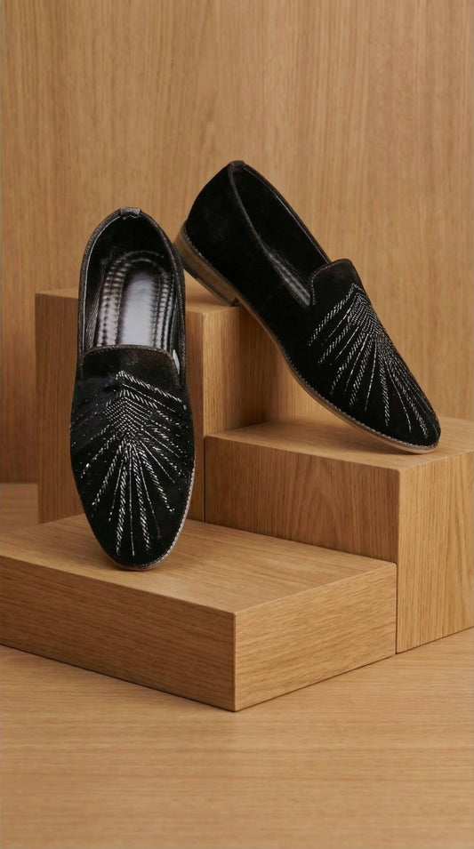 Nightflare Black Suede Mojdi for Men | Embroidered Festive Footwear – Dresswala NX
