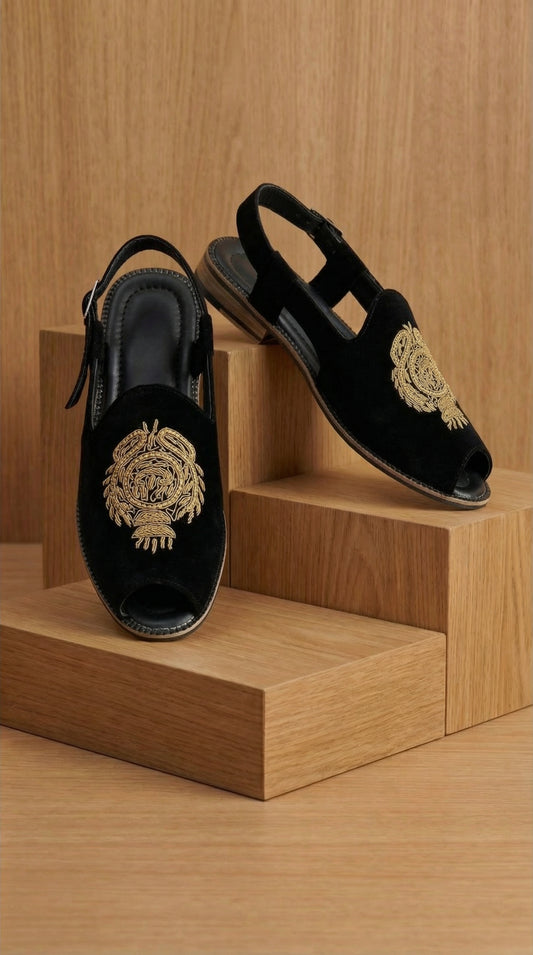 Rajsigil Black Kolhapuri for Men | Gold Embroidered Festive Footwear – Dresswala NX
