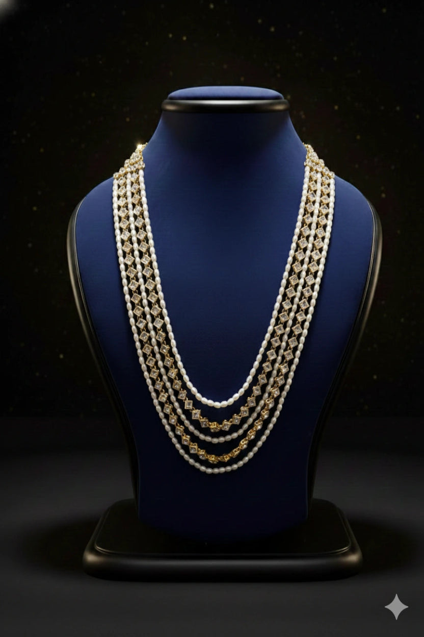 Pearl & Gold Crystal Layered Mala Necklace (Royal Look) | Dresswala NX