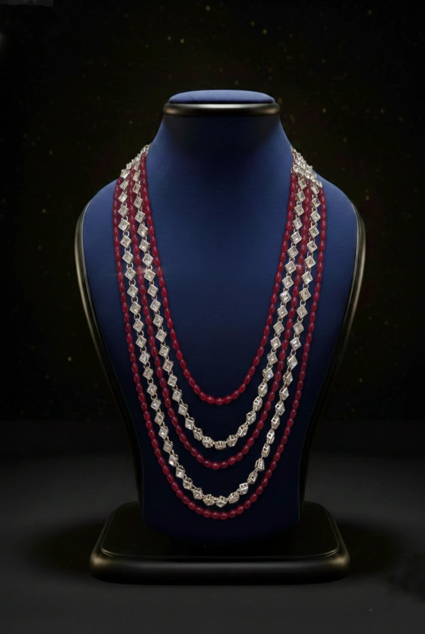 Ruby Red Bead & Crystal Layered Mala Necklace | Dresswala NX