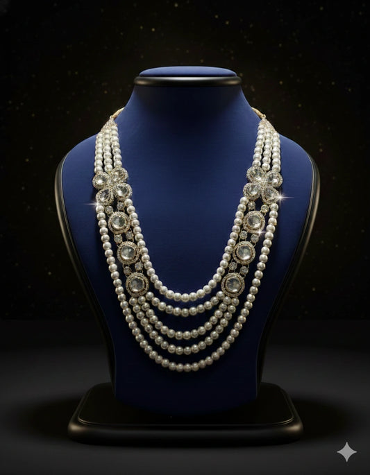 Pearl & Crystal Floral Layered Mala Necklace (Kundan Style) | Dresswala NX