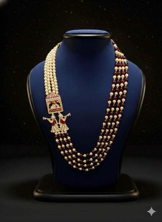 Royal Pearl & Maroon Bead Mala with Traditional Pendant | Dresswala NX