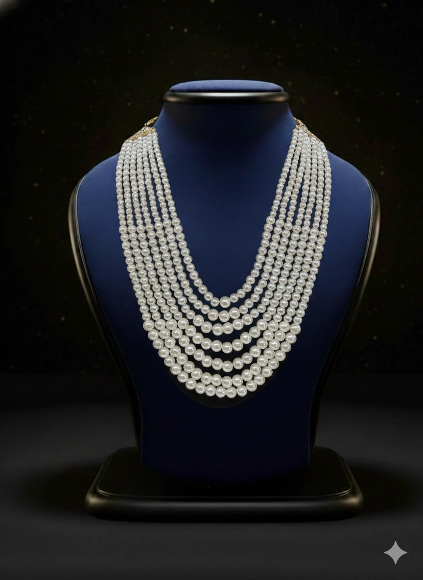 Classic White Pearl Layered Mala Necklace (5-Line) | Dresswala NX