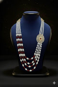 Pearl & Maroon Bead Layered Mala with Kundan Brooch | Dresswala NX