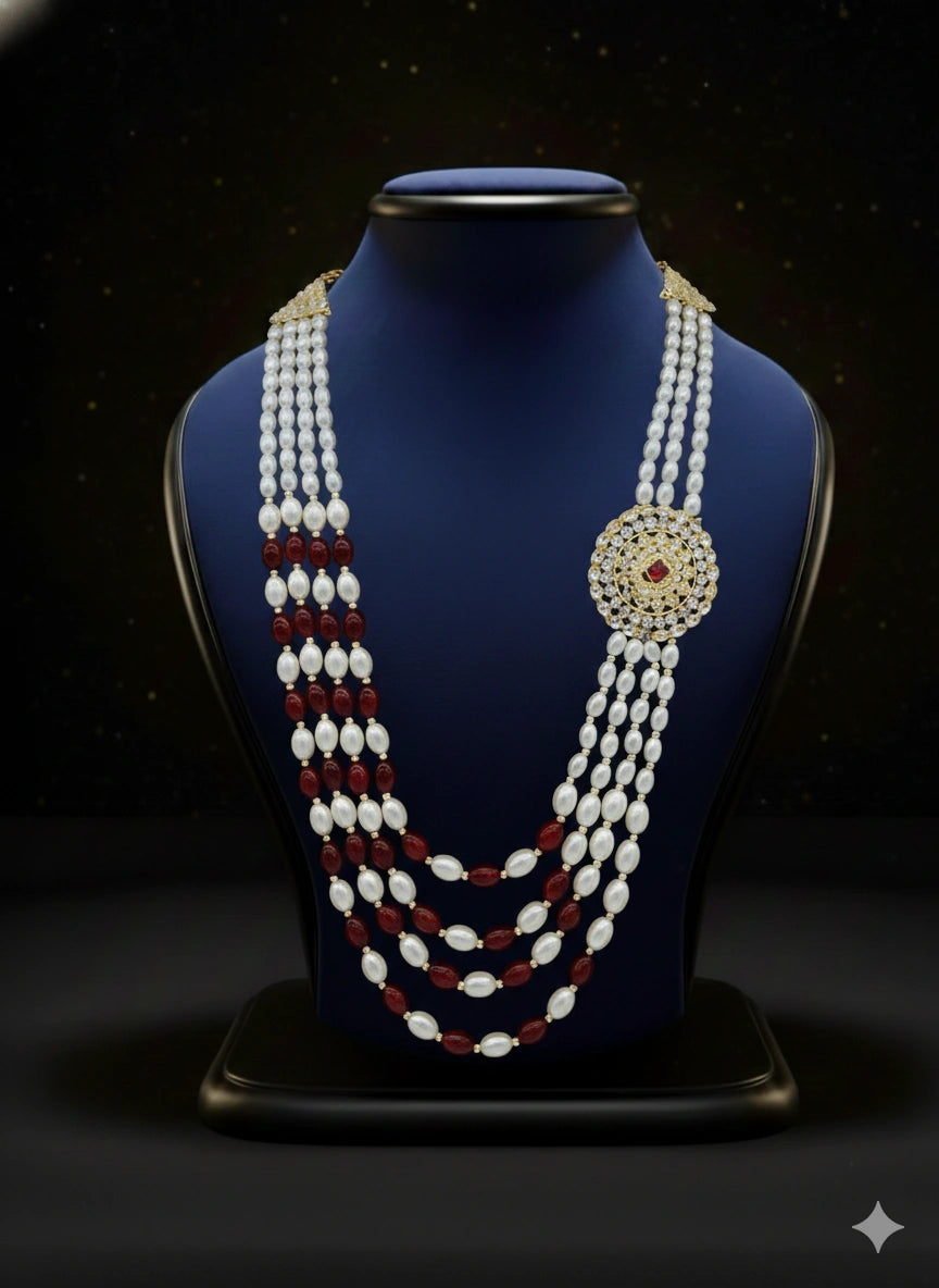 Pearl & Maroon Bead Layered Mala with Kundan Brooch | Dresswala NX