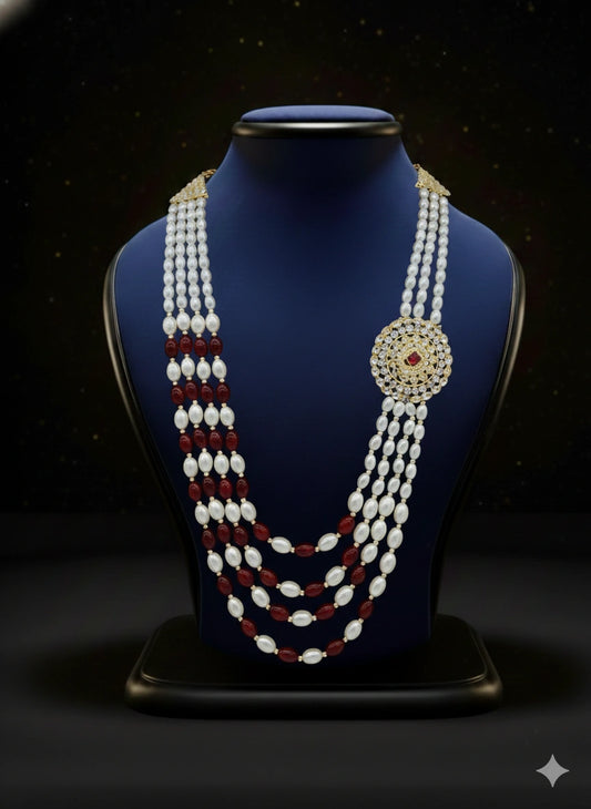 Pearl & Maroon Bead Layered Mala with Kundan Brooch | Dresswala NX