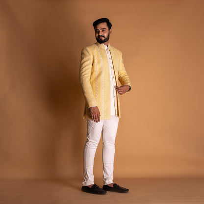 White Indo-western Kurta set with Yellow Jacket