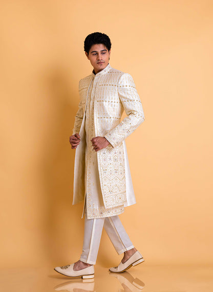 Lucknowi sherwani with floral threadwork