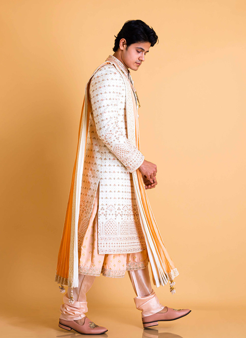 White and Peach Sherwani