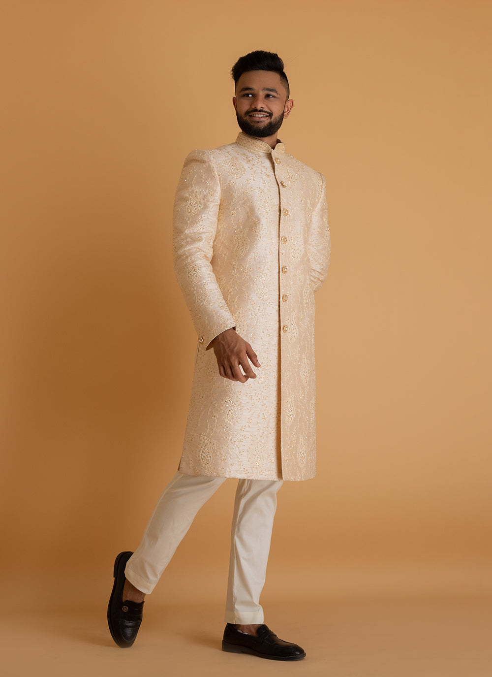 Cream Sherwani with Zari Work