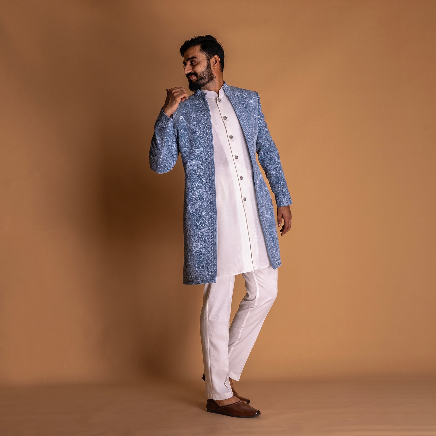 White and Blue Indo-western Kurta set