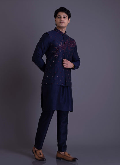 Navy Blue Jacket Set with Thread work and Mirror work