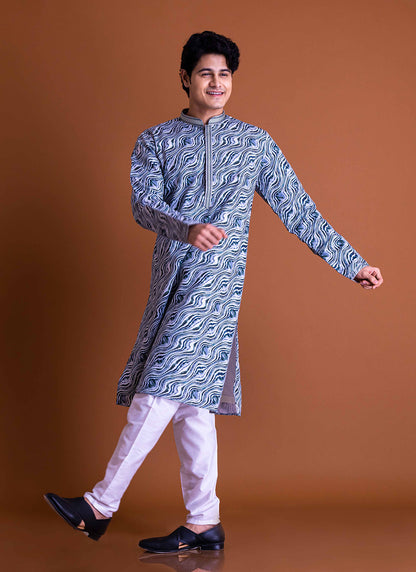 Wavey Blue & White Artistic Print Kurta Set