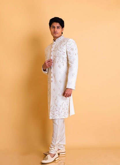 Pearl White Sherwani set in Lucknowi embroidery