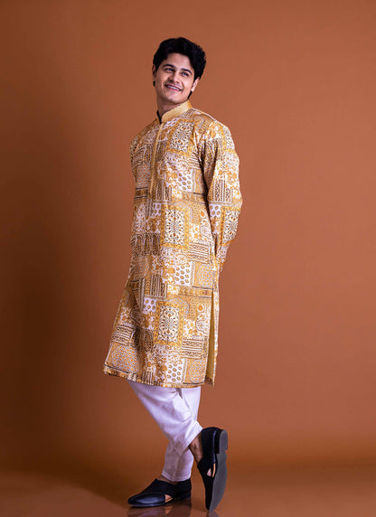 Yellow abstract print Kurta Set