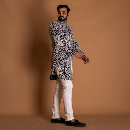 White Indo-western Kurta Set with blue Jacket