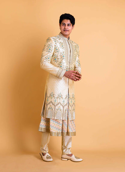 Golden Sherwani with Printed Anarkali Kurta