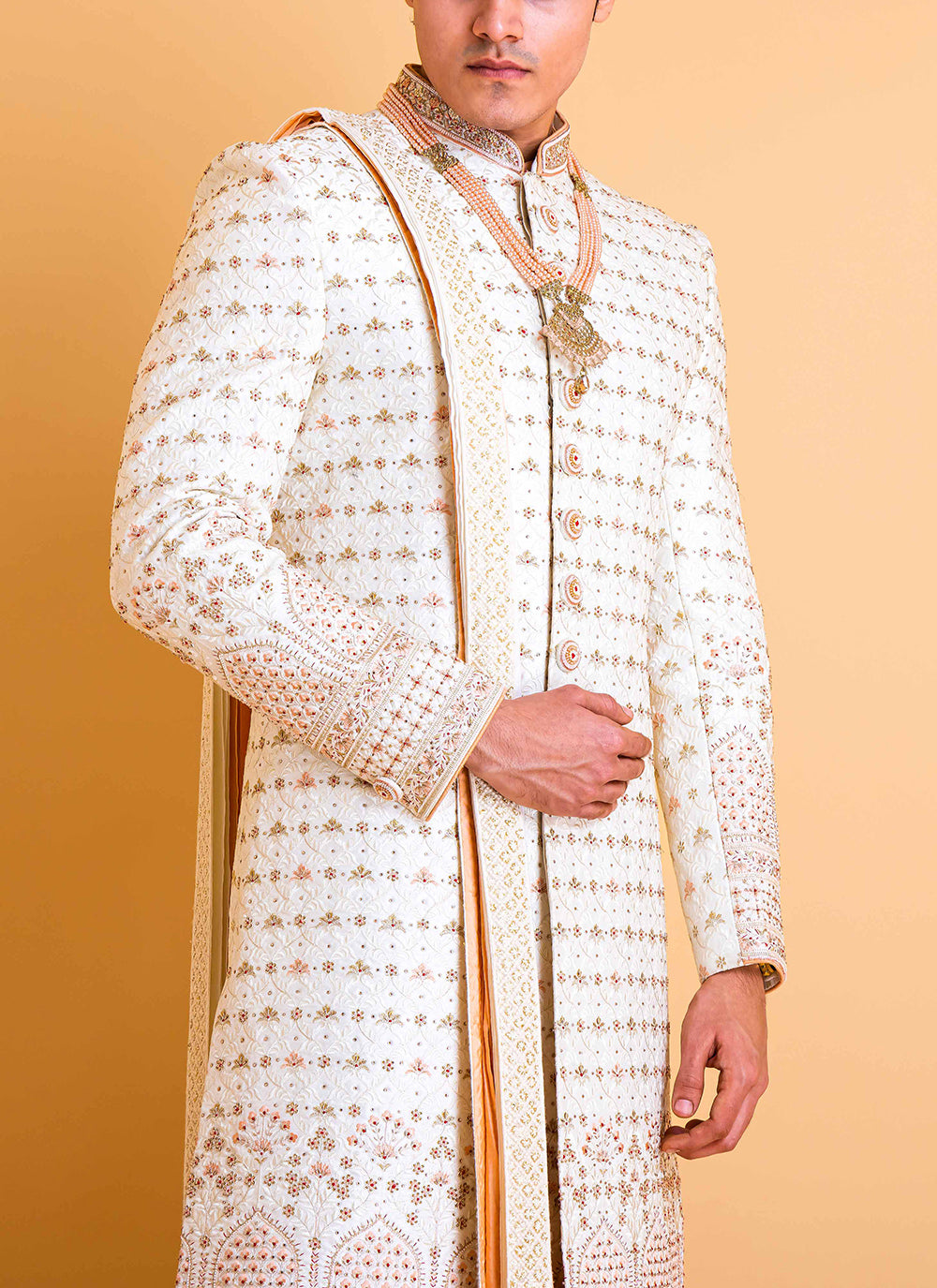 White and Peach Sherwani