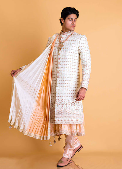 White and Peach Sherwani