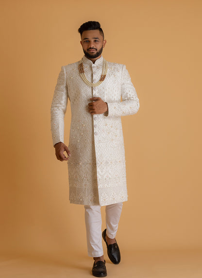 White Sherwani with Intricate Embroidery