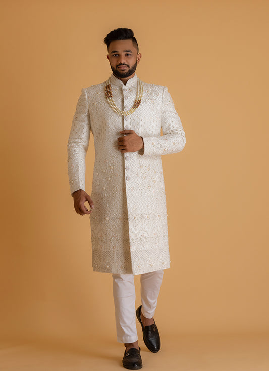 White Sherwani with Intricate Embroidery