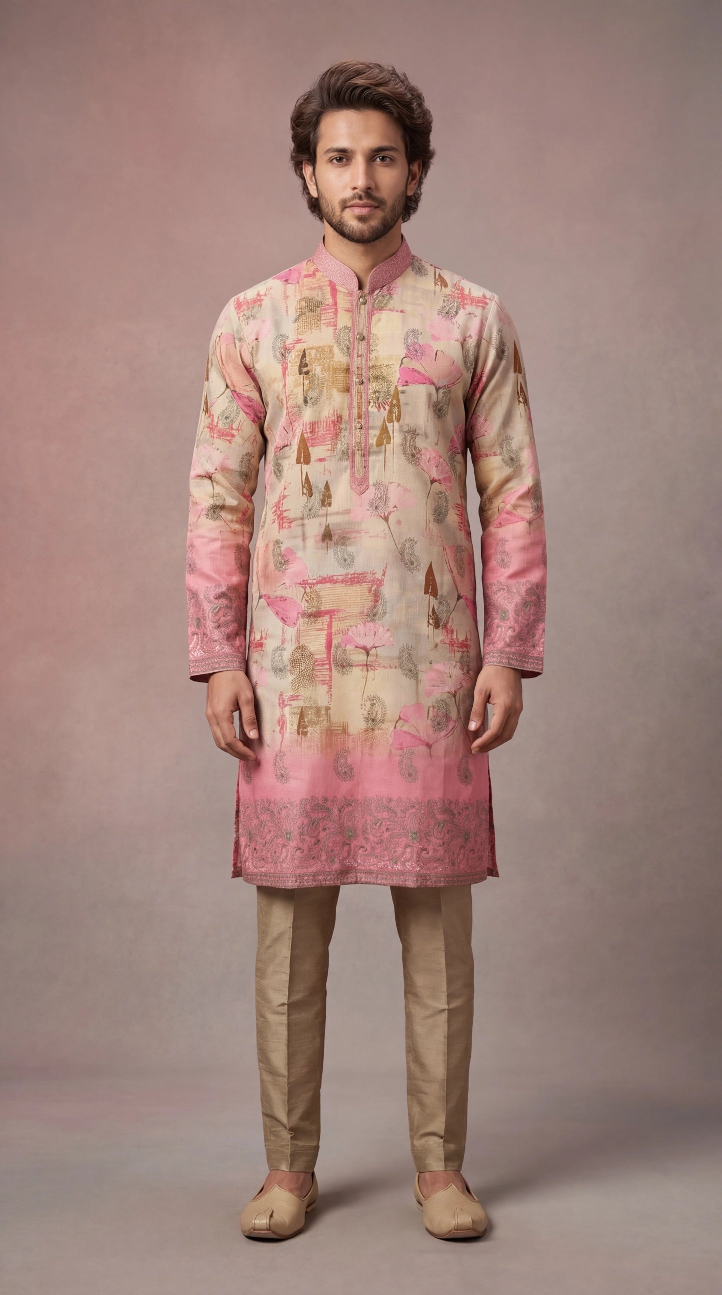 Beige & Pink Printed Kurta Set for Men | Dresswala NX