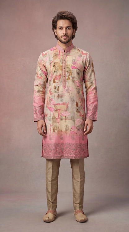 Beige & Pink Printed Kurta Set for Men | Dresswala NX