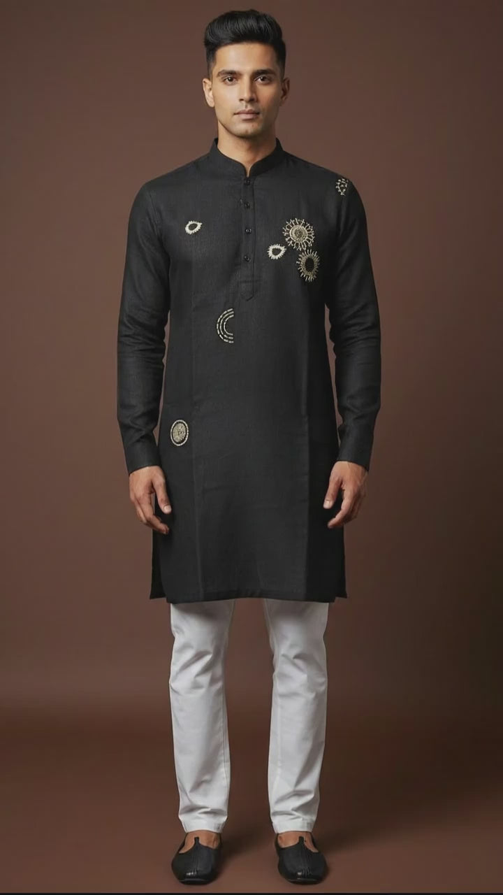 Men’s Black Linen Kurta with Abstract Gold Embroidery | Contemporary Ethnic Wear – Dresswala NX