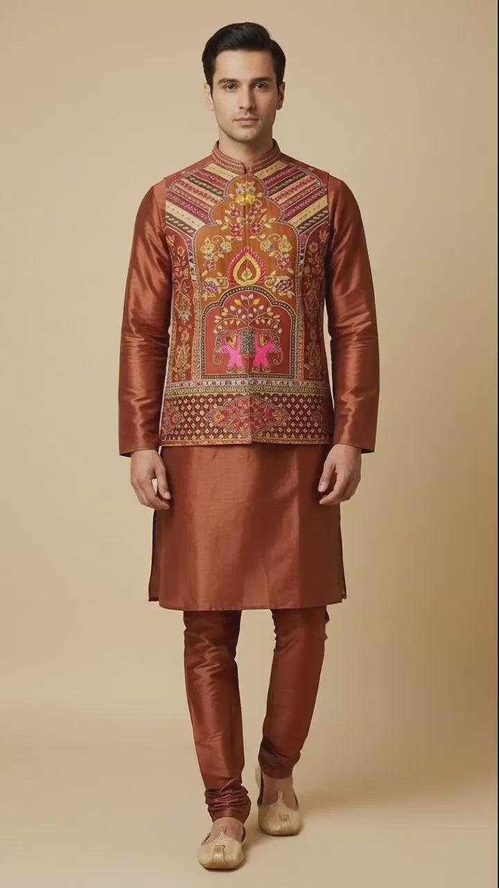 Rust Brocade Nehru Jacket Set