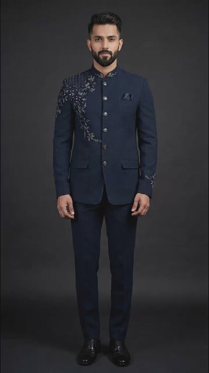 Midnight Navy Embroidered Bandhgala Suit | Dresswala NX