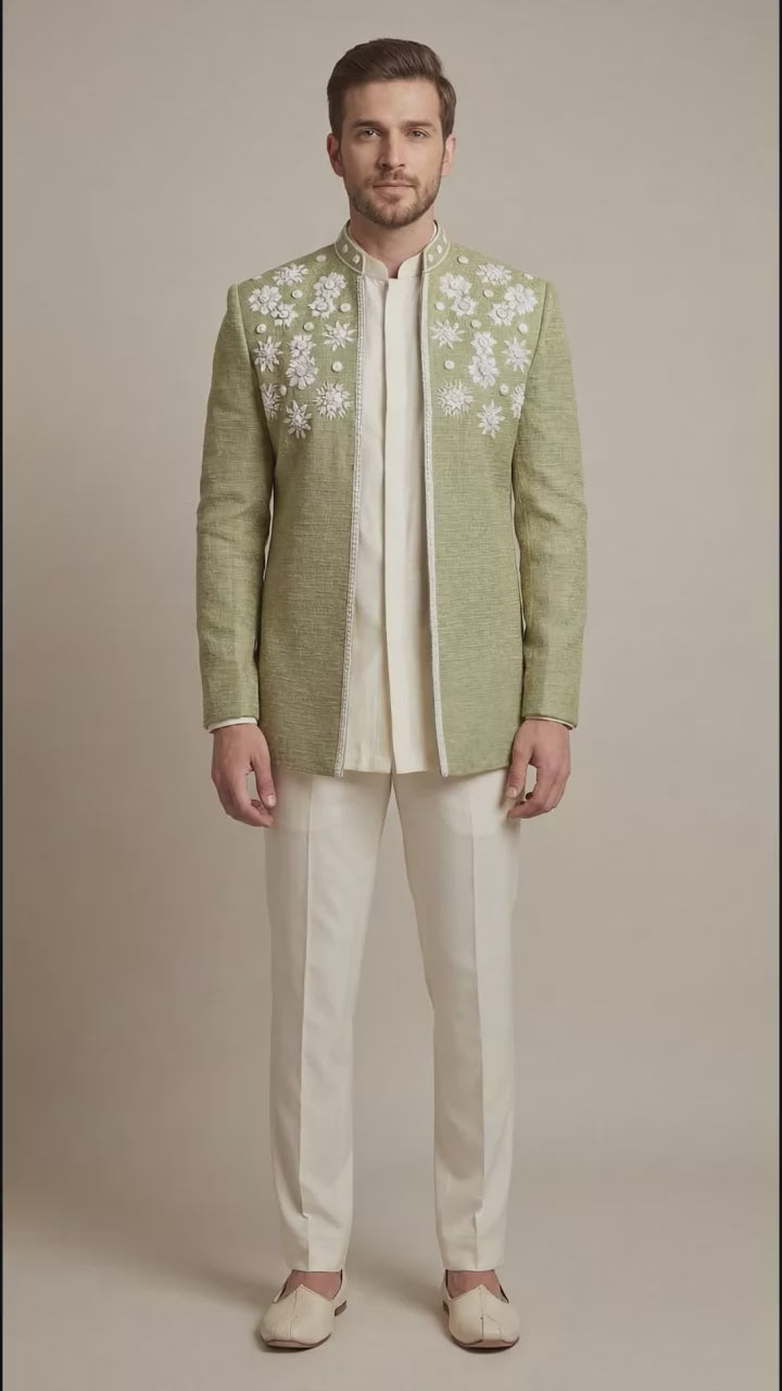 Sage Green Embroidered Bandhgala Set | Dresswala NX