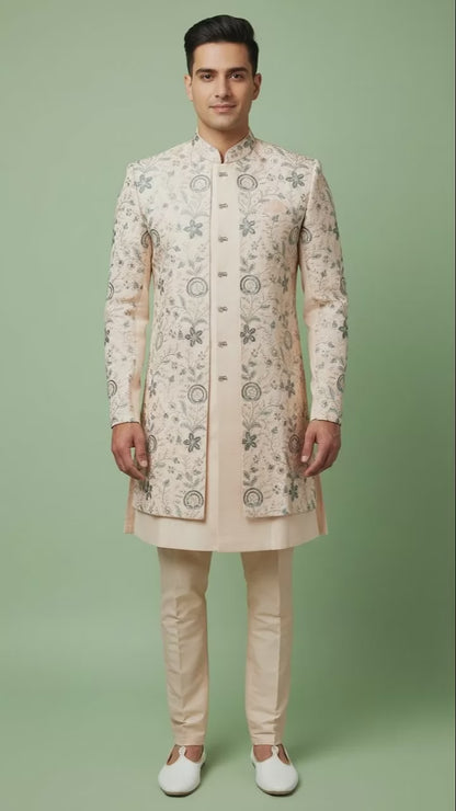 Peach Floral Embroidered Indo-Western Sherwani with Subtle Threadwork & Front Panel Detailing