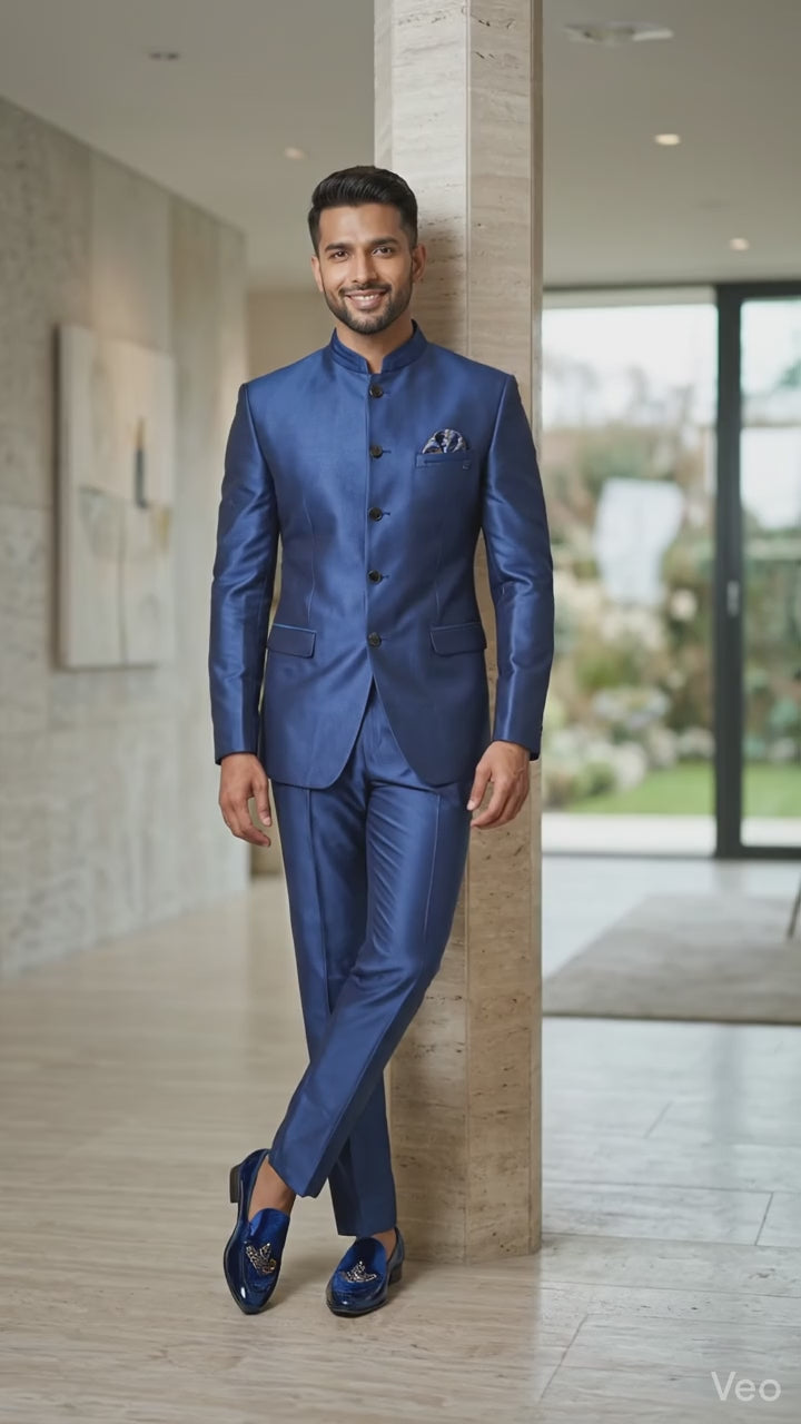 Royal Blue Silk-Finish Jodhpuri Suit – Modern Bandhgala with Designer Pocket Square